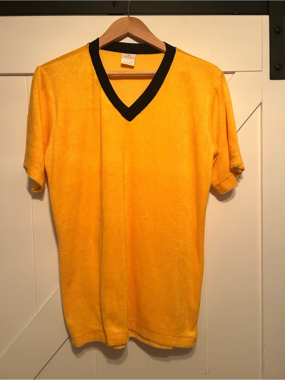 Vintage Jantzen Terry Cloth Gold and Navy Blue v-neck short sleeve men’s top